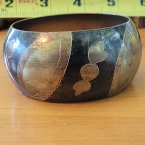 Vintage Wide Brass Abalone Shell Inlay Bangle Bracelet Leaf Design 57g
